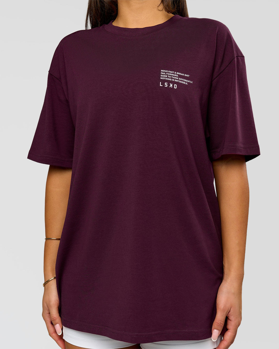 Woman wearing Coffee Run FLXCotton Oversized Tee - Cherry Lacquer-Black | Model:Bianca | Size:XS - view 6