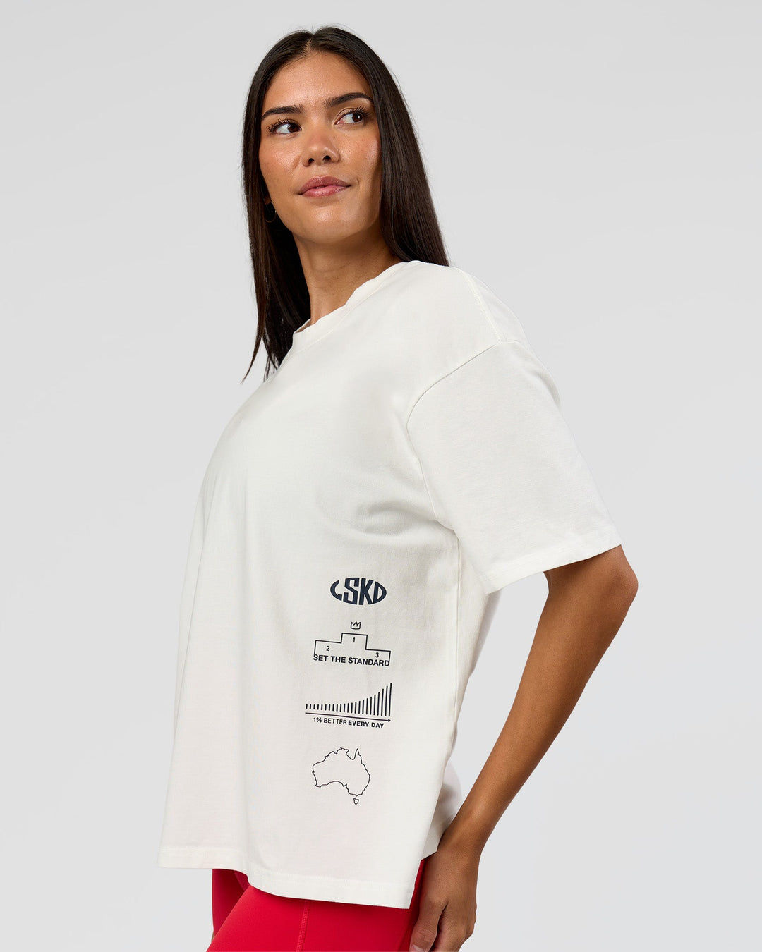 Woman wearing Greatest of All Time Heavyweight FLXCotton Boxed Tee - Off White Washed | Model:Rhiley| Size:XS - view 12