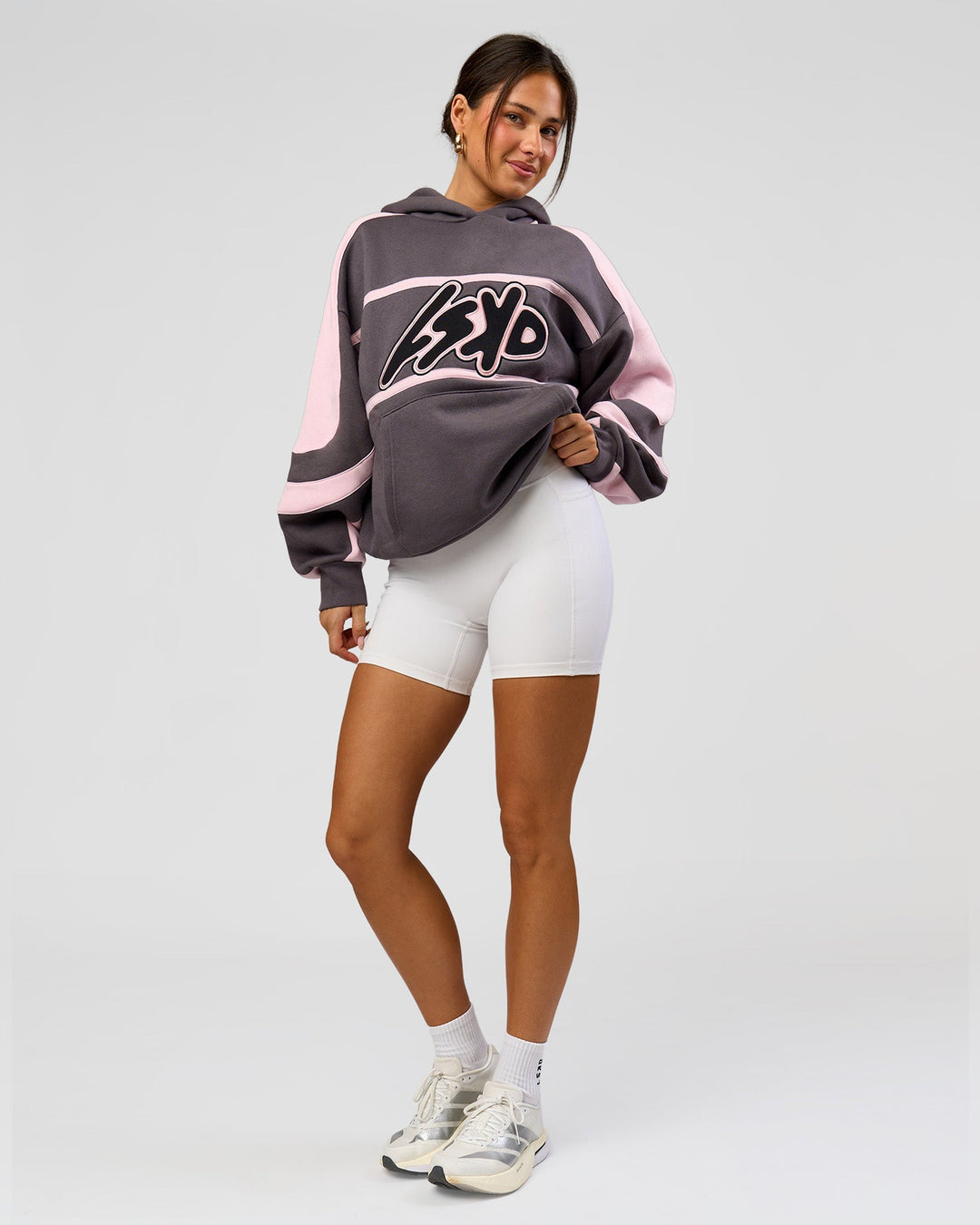 Woman wearing Vibe Oversized Hoodie - Duskstone-Marshmallow | Model:Bianca | Size:XS - view 9