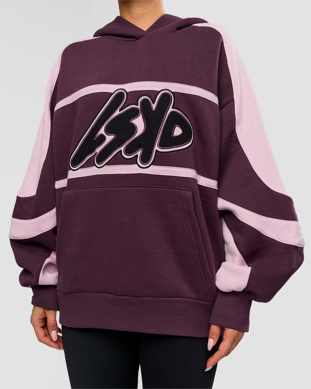 Woman wearing Vibe Oversized Hoodie - Midnight Plum-Marshmallow | Model:Bianca | Size:XS - view 8
