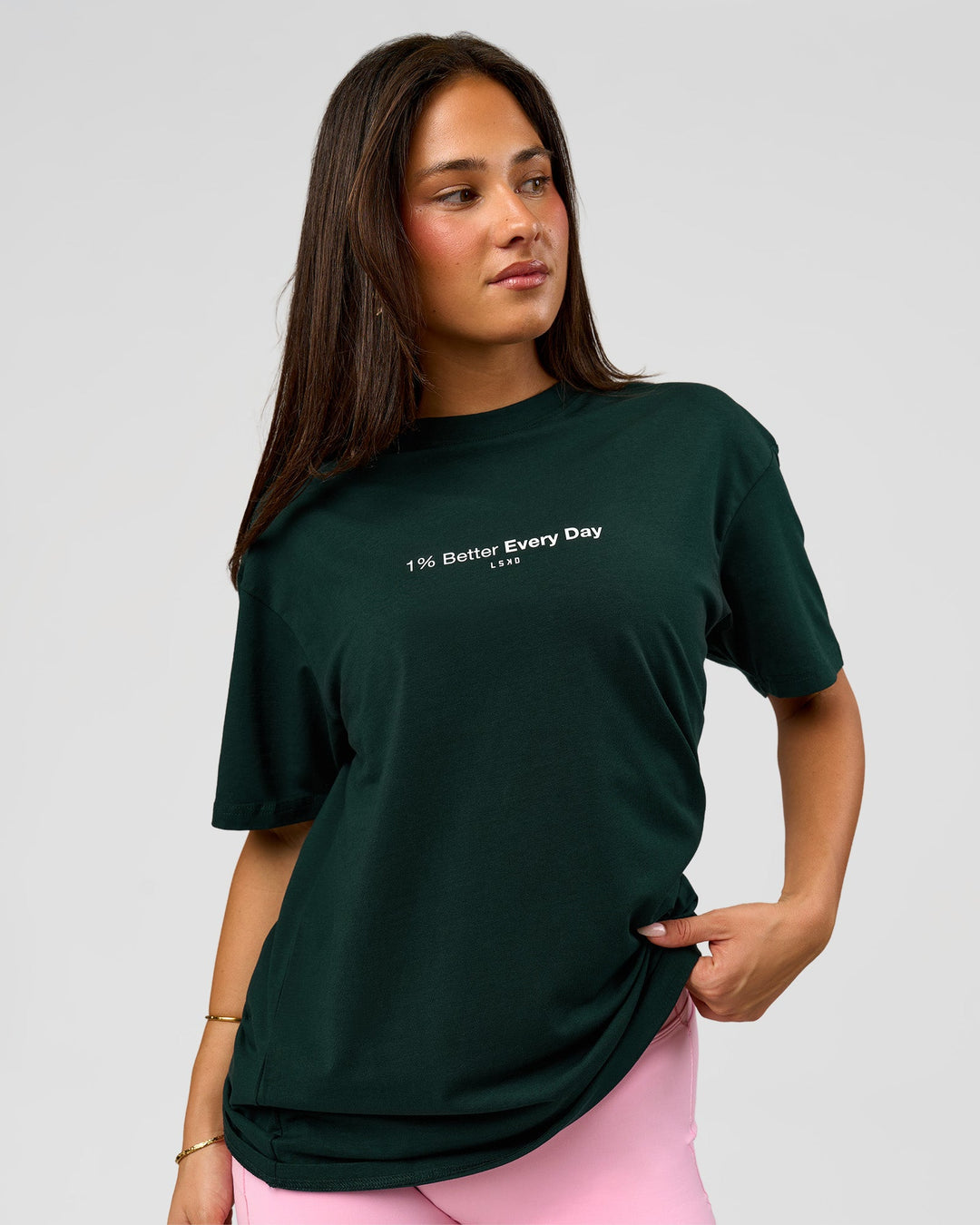 Woman wearing VS6 1% Better FLXCotton Oversize Tee - Midnight Green | Model:Bianca | Size:XS - view 3