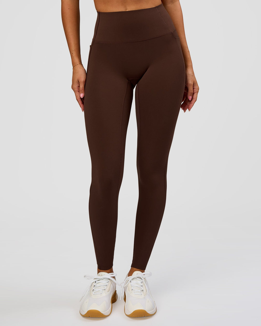 Woman wearing Fusion Bonded High-Rise Full Length Legging Pockets - Hot Chocolate | Model:Brylee | Size:XS - view 2