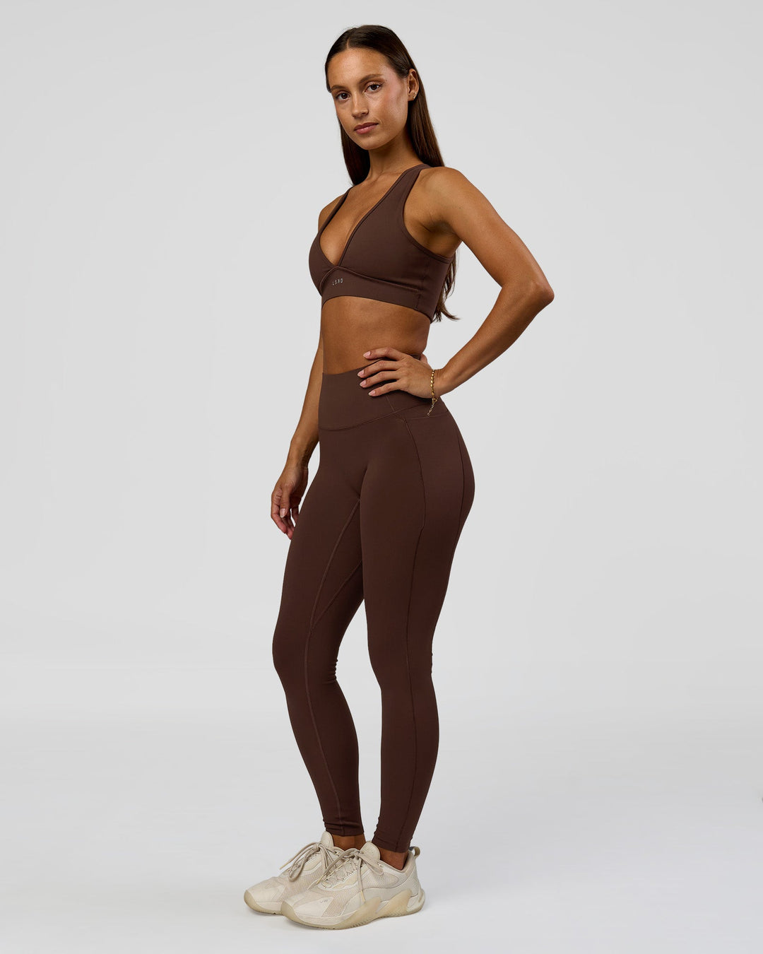 Woman wearing Fusion Bonded High-Rise Full Length Legging Pockets - Hot Chocolate | Model:Brylee | Size:XS - view 3