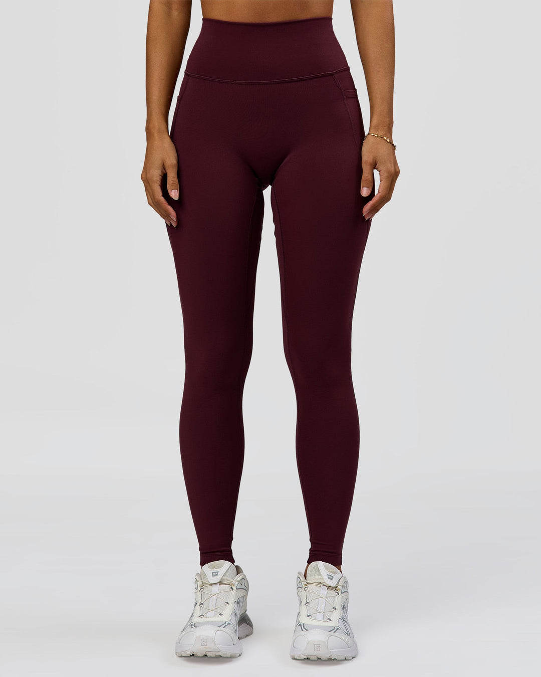 Woman wearing Fusion Ultra High-Rise Full Length Legging Pockets - Cherry Lacquer | Model:Brylee | Size:XS - view 4