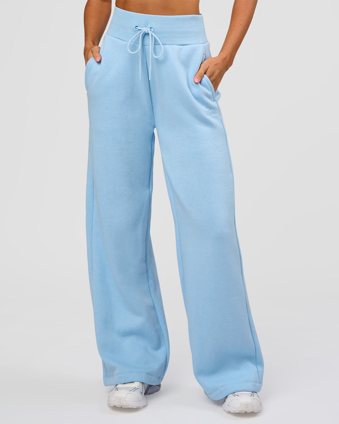 Woman wearing Go-To Script Wide Leg Track Pant - Open Air | Model:Charli | Size:XS