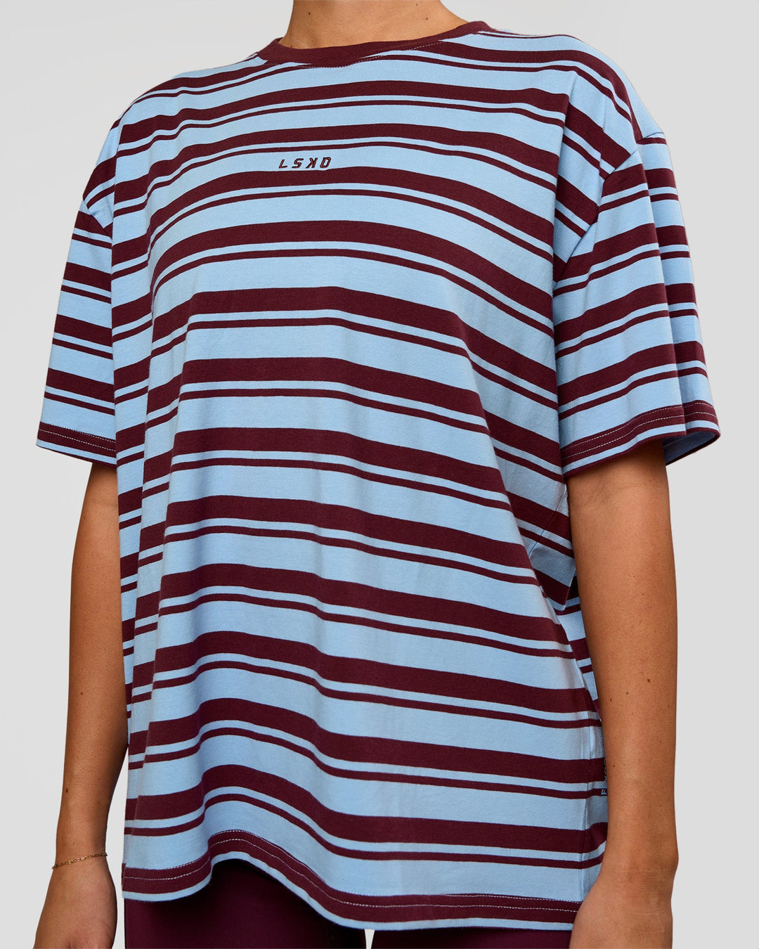 Woman wearing Go-To Shadow Stripe FLXCotton Oversized Tee - Open Air-Cherry Lacquer | Model:Charli | Size:XS - view 2