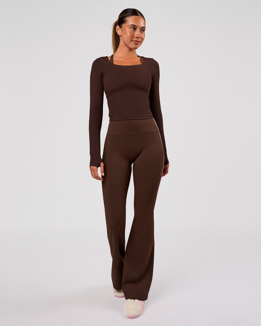 Woman wearing Horizon Long Sleeve Tee - Hot Chocolate | Model:Charli | Size:XS - view 4