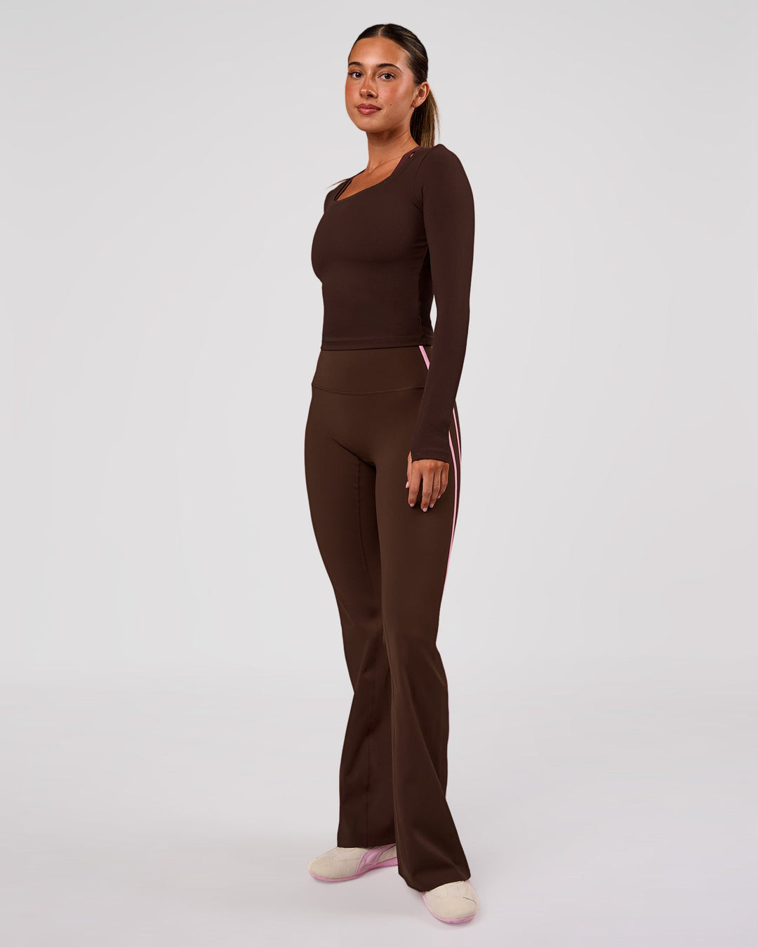 Woman wearing Horizon Long Sleeve Tee - Hot Chocolate | Model:Charli | Size:XS - view 8