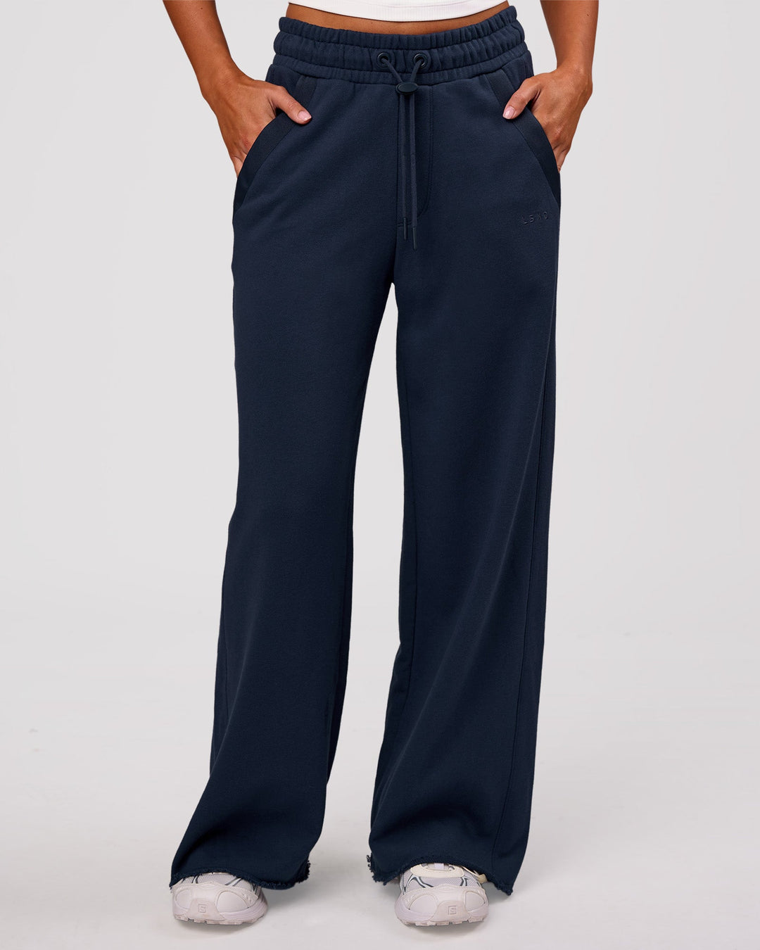 Woman wearing MVP Elite Terry Wide Leg Pant - Future Navy | Model:Charli | Size:XS - view 1