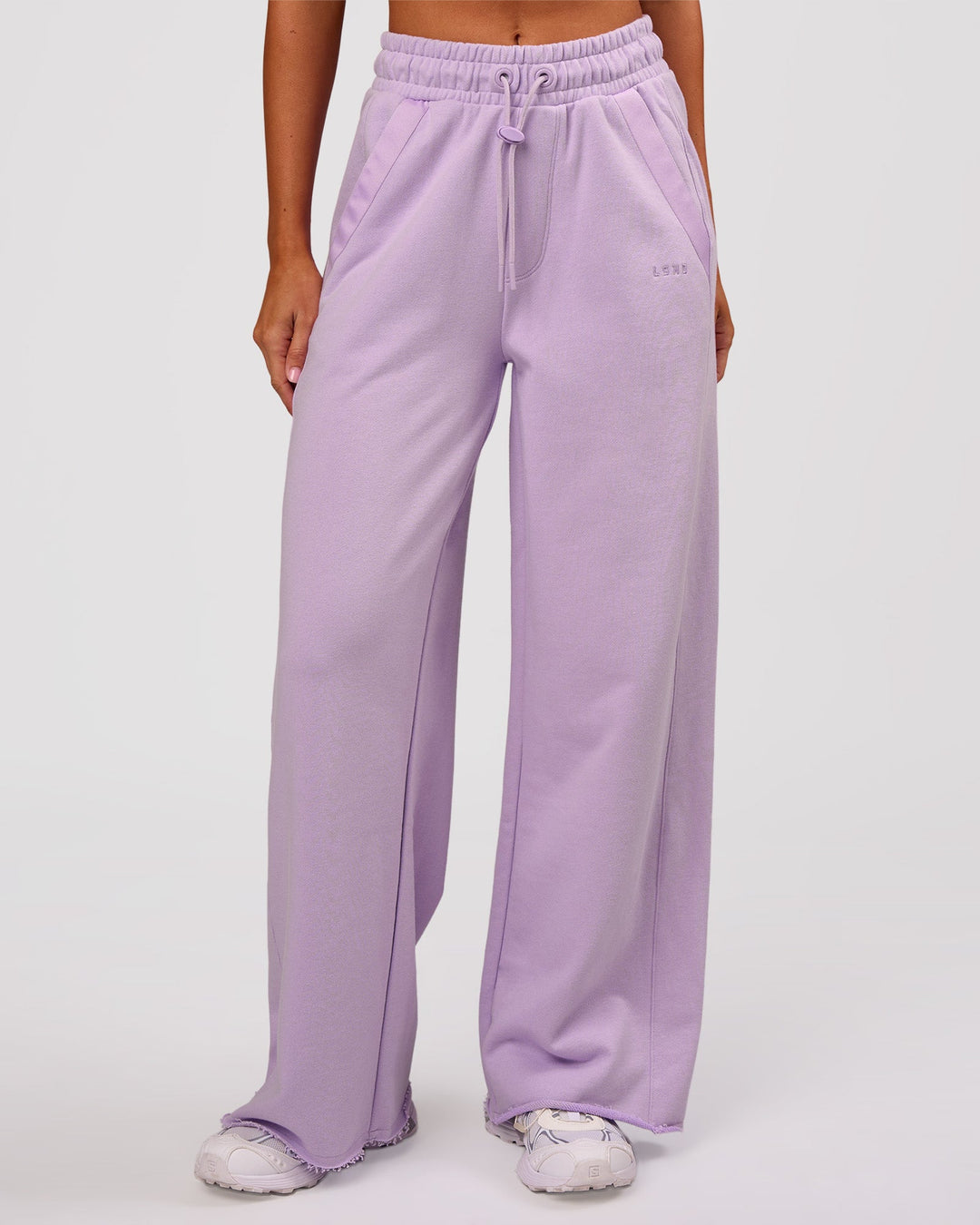 Woman wearing MVP Elite Terry Wide Leg Pant - Pale Lilac | Model:Charli | Size:XS - view 1