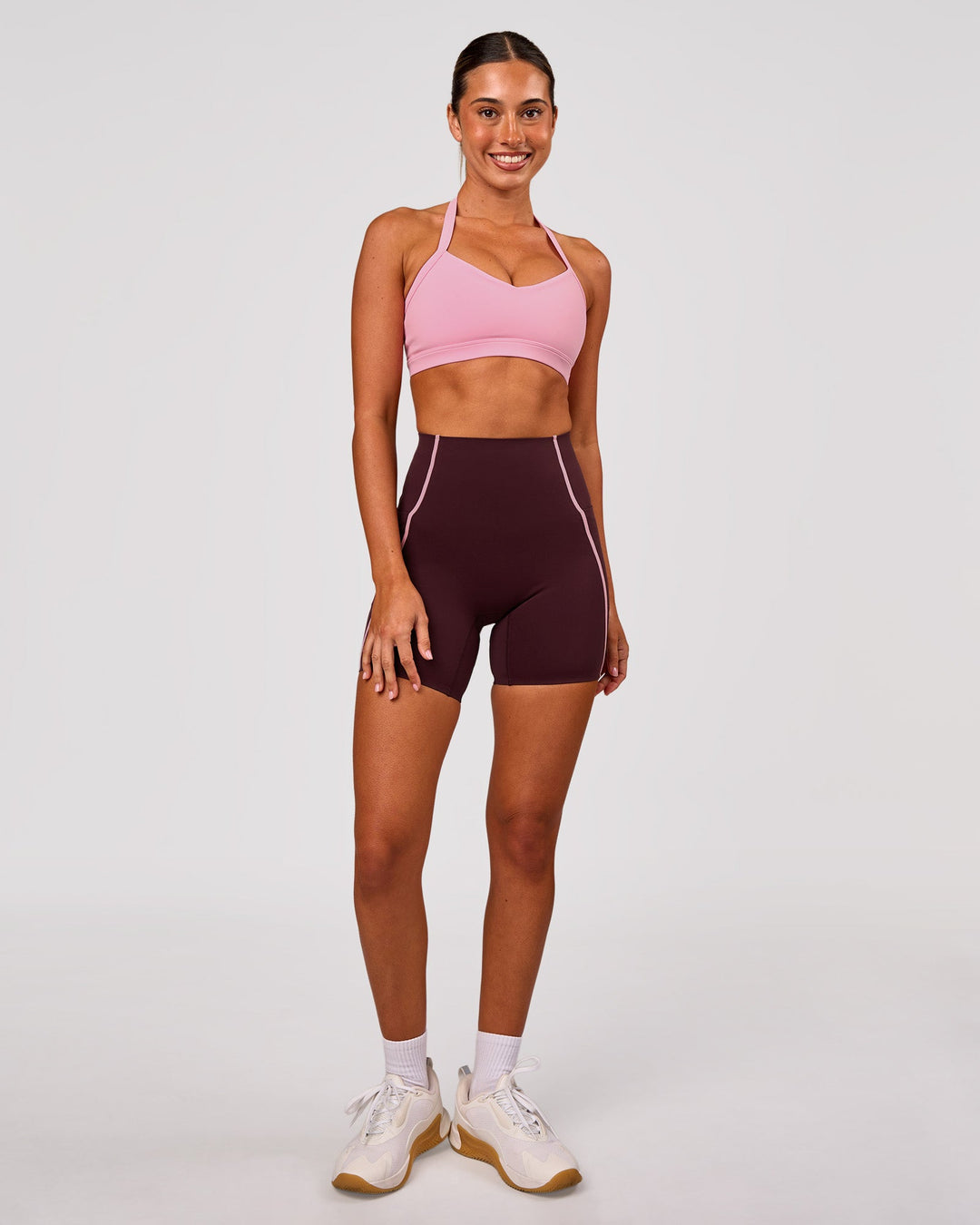 Woman wearing Power Ultra High-Rise 6" Short Pockets - Cherry Lacquer-Pink Rose | Model:Charli | Size:XS - view 7
