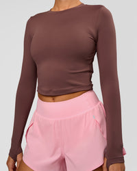 Woman wearing Staple Long Sleeve Cropped Tee 2.0 - Cocoa Powder | Model:Charli | Size:XS | Thumbnail Index: 1
