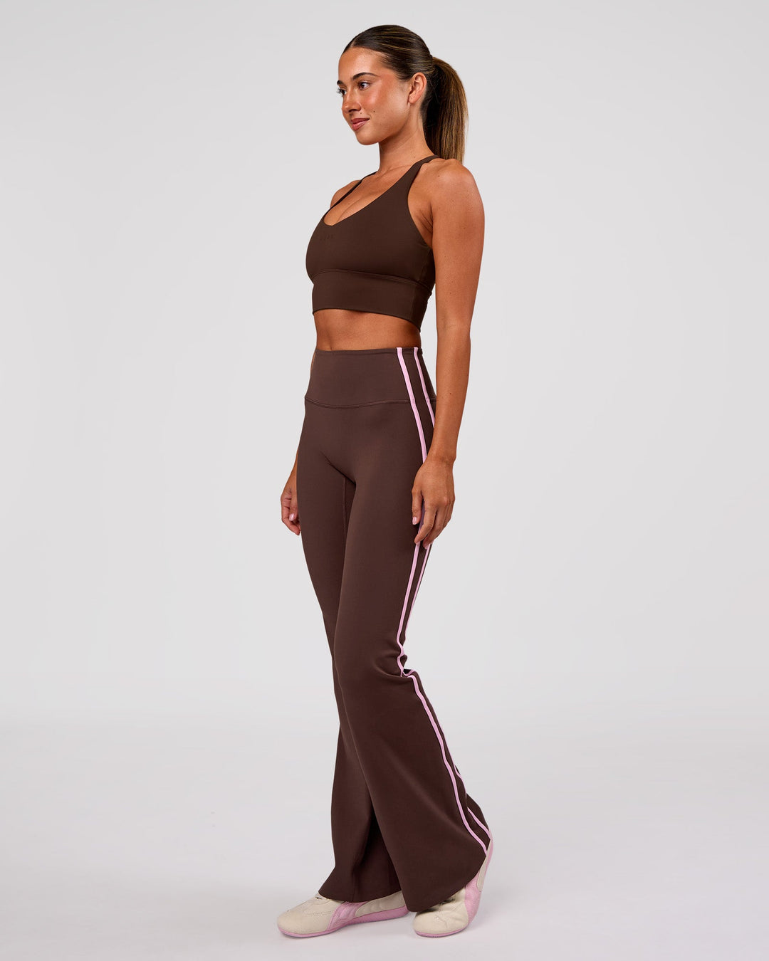 Woman wearing Stellar Long Line Sports Bra - Hot Chocolate | Model:Charli | Size:XS - view 6