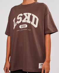 Woman wearing Varsity EST Heavyweight Oversized Tee  - Cocoa Powder-Off White | Model:Charli | Size:XS | Thumbnail Index: 9