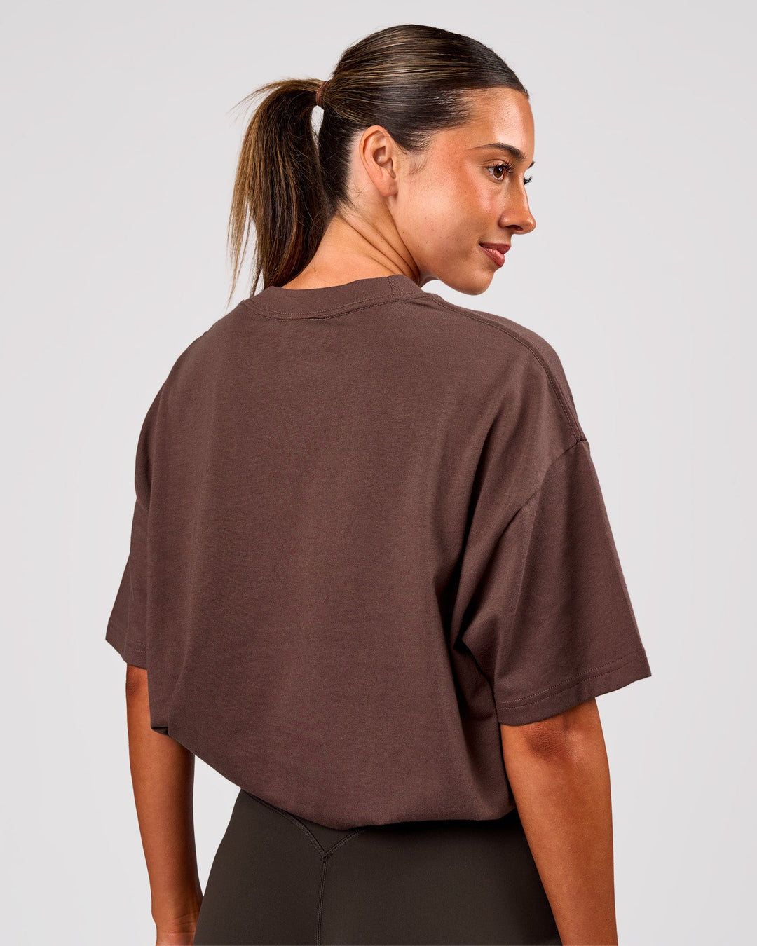 Woman wearing Varsity EST Heavyweight Oversized Tee  - Cocoa Powder-Off White | Model:Charli | Size:XS - view 8