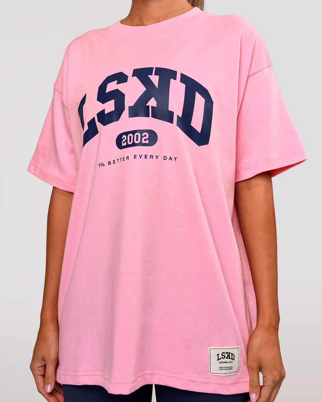 Woman wearing Varsity EST Heavyweight Oversized Tee  - Pink Rose-Future Navy | Model:Charli | Size:XS - view 7