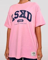 Woman wearing Varsity EST Heavyweight Oversized Tee  - Pink Rose-Future Navy | Model:Charli | Size:XS | Thumbnail Index: 6