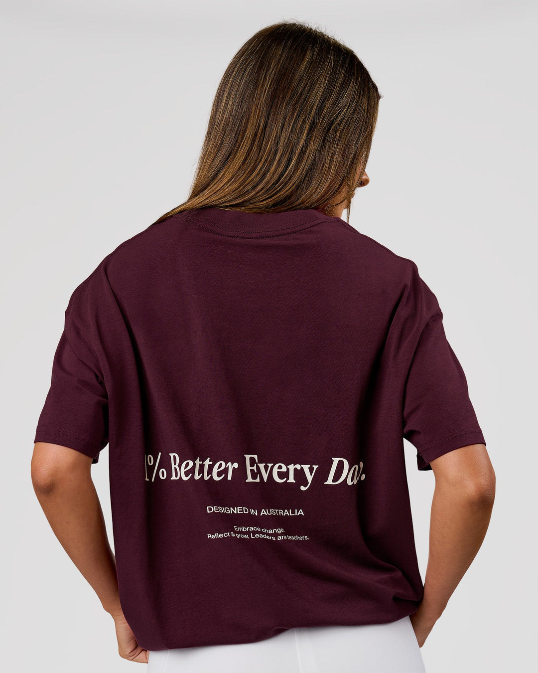 Woman wearing VS26 1% Better FLXCotton Oversize Tee - Cherry Lacquer-Off White | Model:Charli | Size:XS - view 3