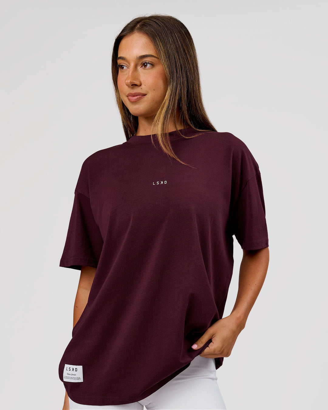 Woman wearing VS26 1% Better FLXCotton Oversize Tee - Cherry Lacquer-Off White | Model:Charli | Size:XS - view 6