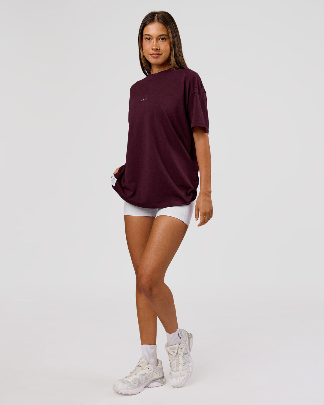 Woman wearing VS26 1% Better FLXCotton Oversize Tee - Cherry Lacquer-Off White | Model:Charli | Size:XS - view 13