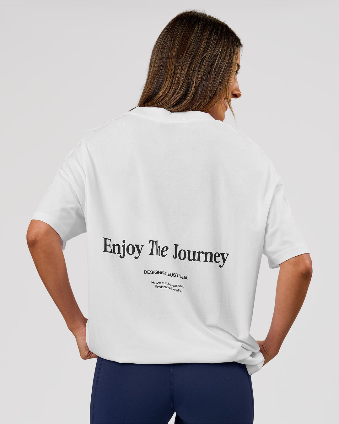 Woman wearing VS26 Journey FLXCotton Oversize Tee - White-Black | Model:Charli | Size:XS - view 4