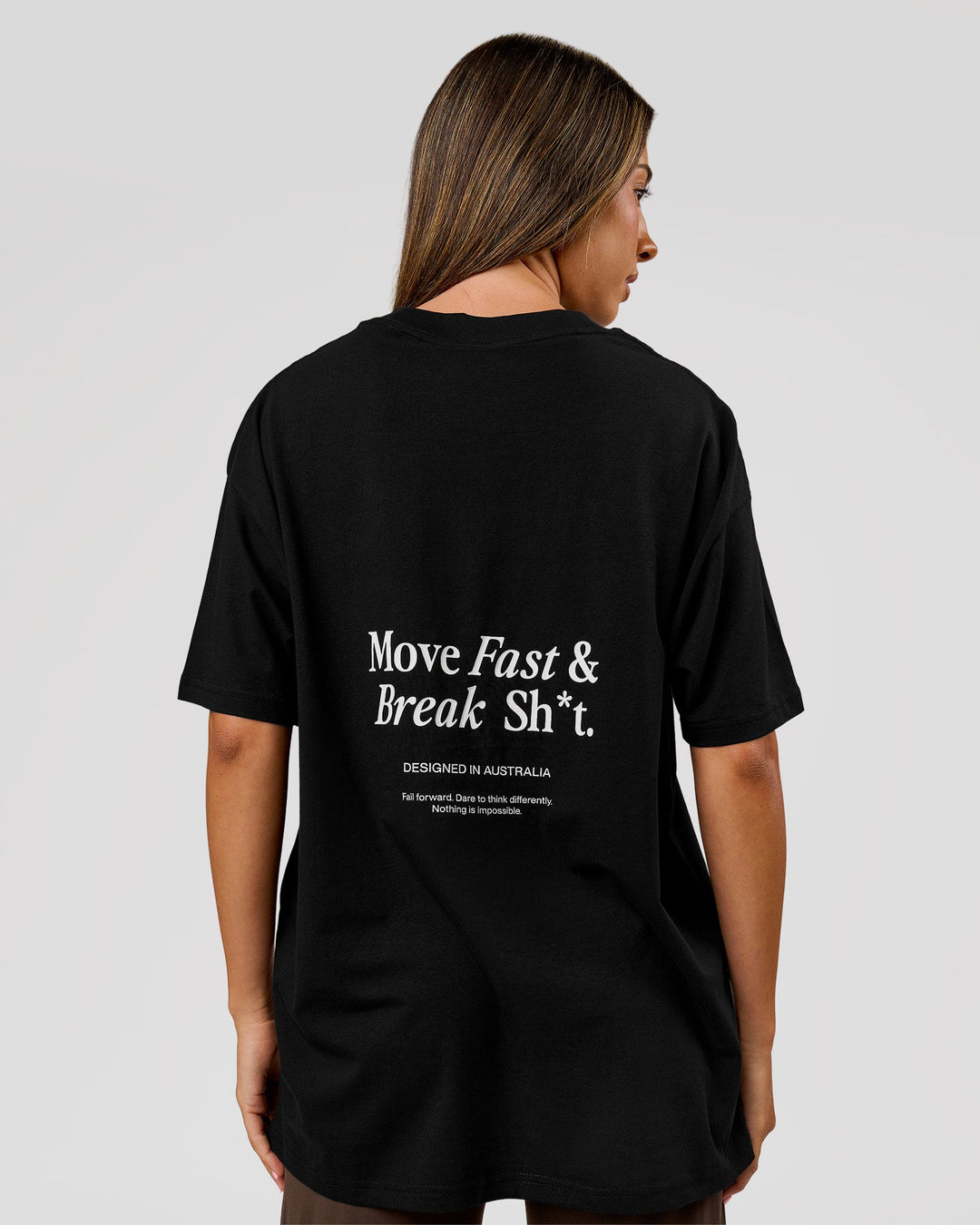 Woman wearing VS26 MFBS FLXCotton Oversize Tee - Black-White | Model:Charli | Size:XS - view 3