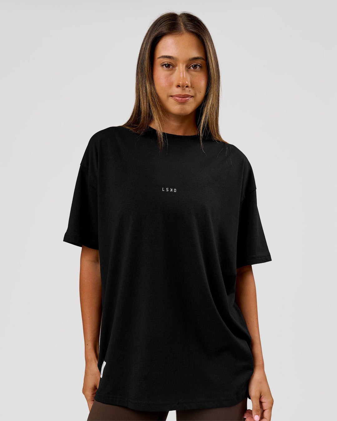 Woman wearing VS26 MFBS FLXCotton Oversize Tee - Black-White | Model:Charli | Size:XS - view 6