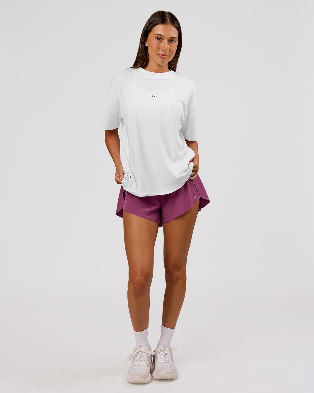 Woman wearing VS26 MFBS FLXCotton Oversize Tee - White-Black | Model:Charli | Size:XS - view 12