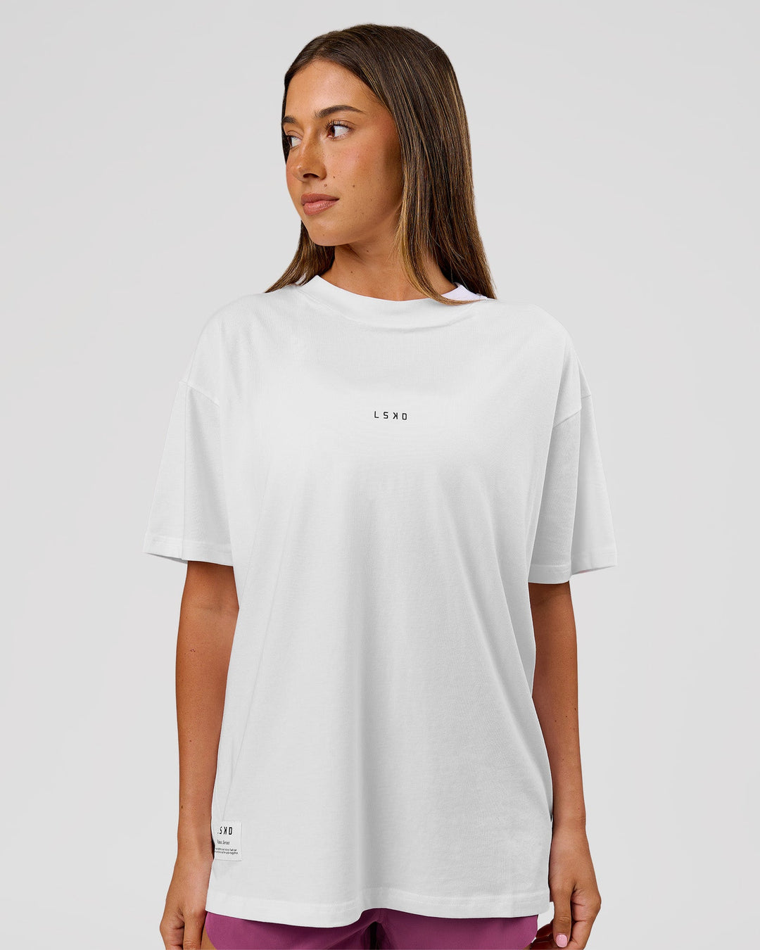 Woman wearing VS26 MFBS FLXCotton Oversize Tee - White-Black | Model:Charli | Size:XS - view 15