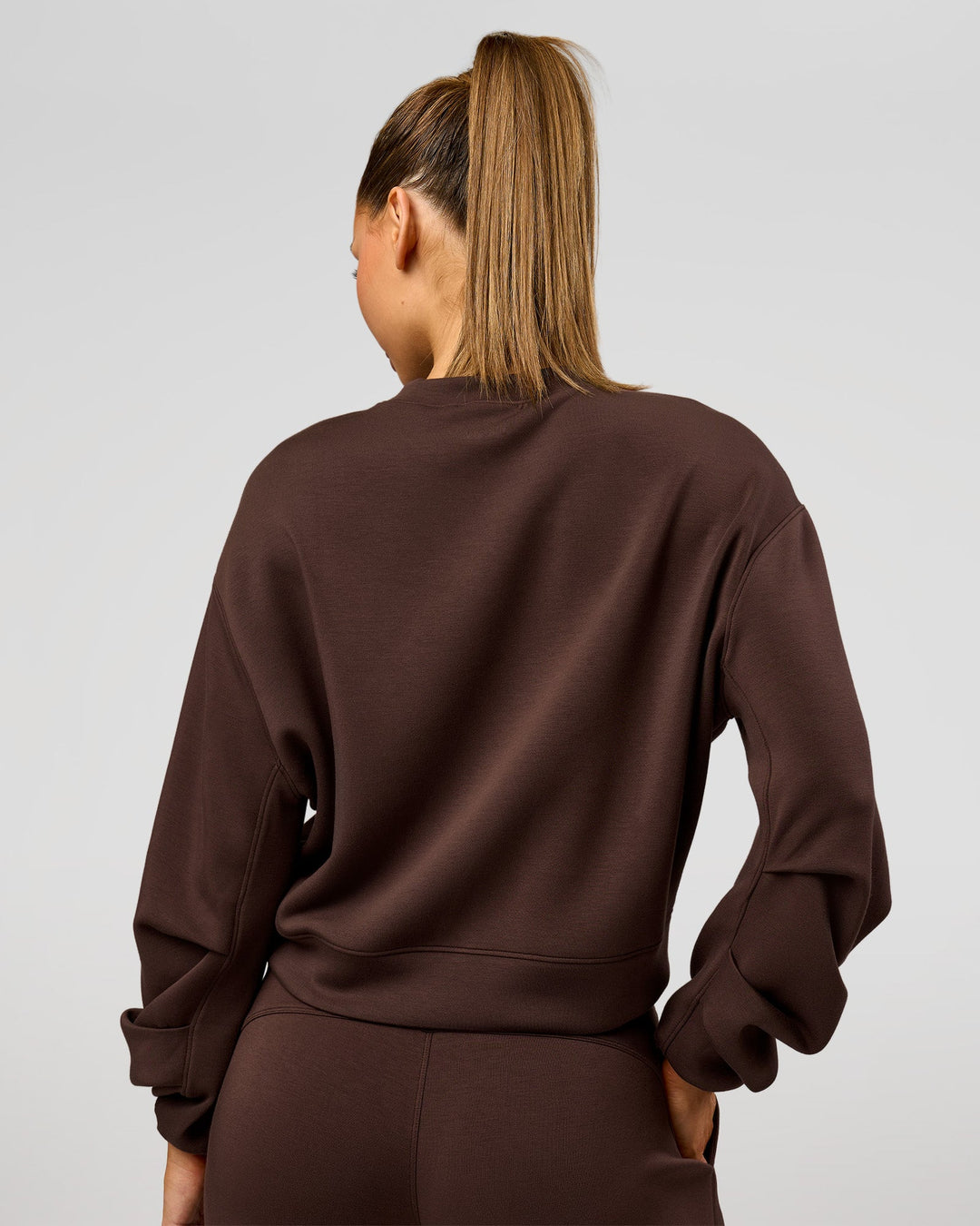 Woman wearing Elevate SoftTouch Draped Sleeve Sweater - Hot Chocolate | Model:Claire | Size:XS - view 2