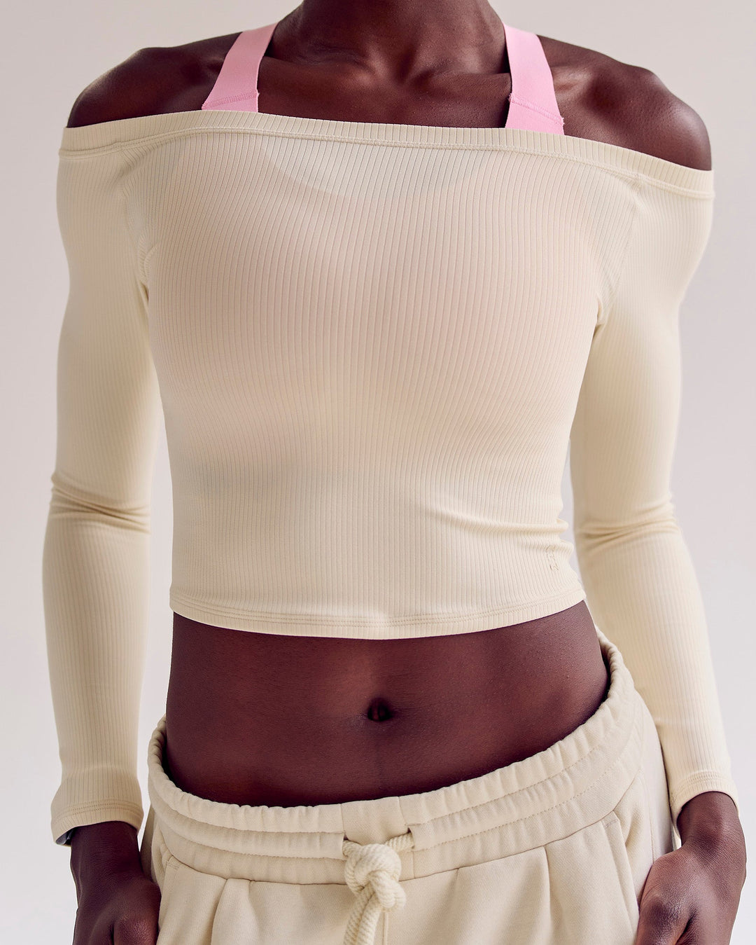 Woman wearing Bree Bardot Long Sleeve Top - Vanilla Bean | Model:Desleigh | Size:XS - view 2