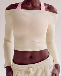 Woman wearing Bree Bardot Long Sleeve Top - Vanilla Bean | Model:Desleigh | Size:XS | Thumbnail Index: 1