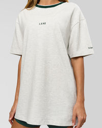 Woman wearing Be Here Now Heavyweight FLXCotton Tee Oversize - Silver Marl-Midnight Green | Model:Georgia | Size:XS | Thumbnail Index: 8