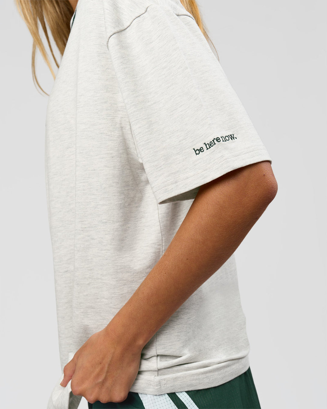 Woman wearing Be Here Now Heavyweight FLXCotton Tee Oversize - Silver Marl-Midnight Green | Model:Georgia | Size:XS - view 8