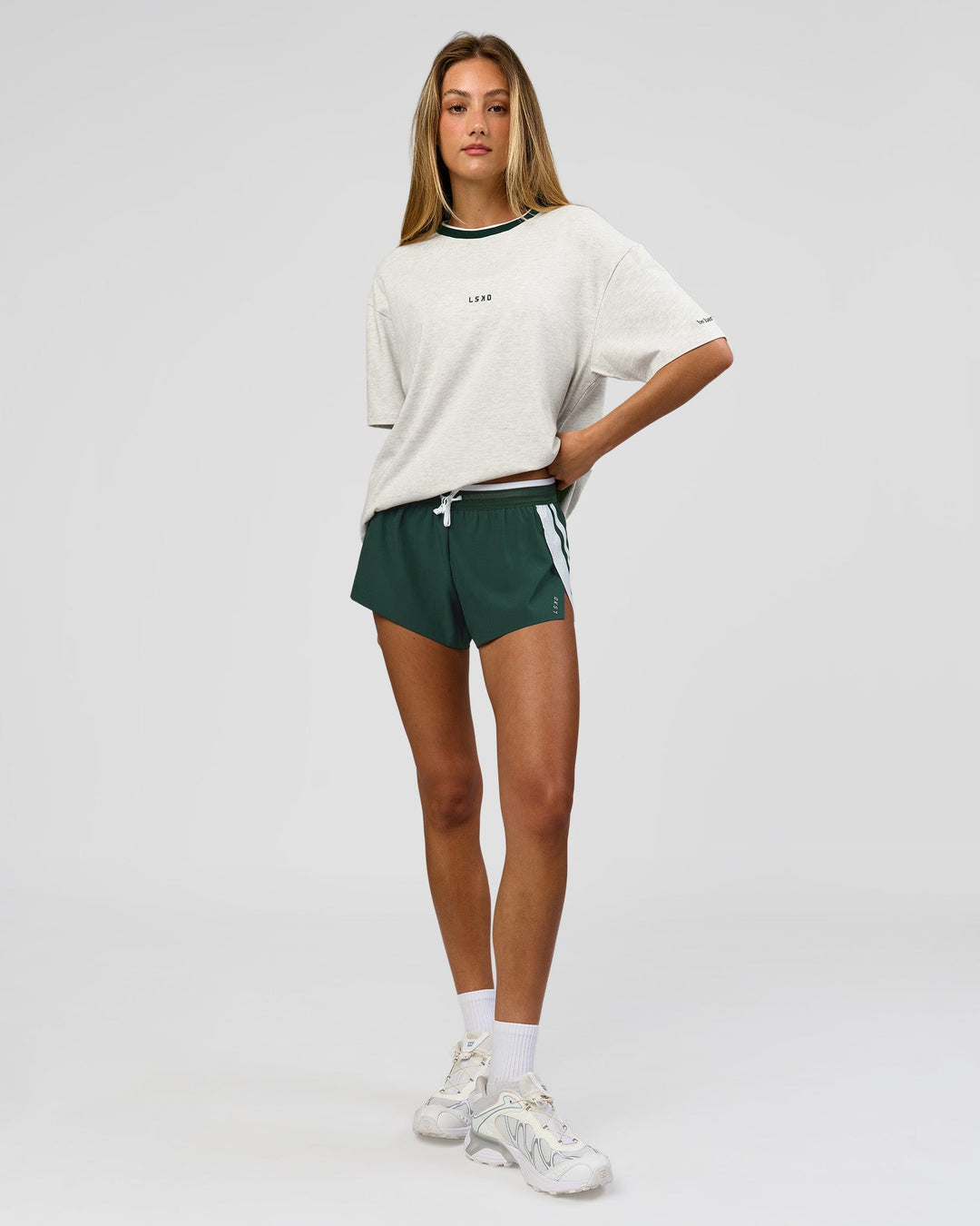 Woman wearing Be Here Now Heavyweight FLXCotton Tee Oversize - Silver Marl-Midnight Green | Model:Georgia | Size:XS - view 11