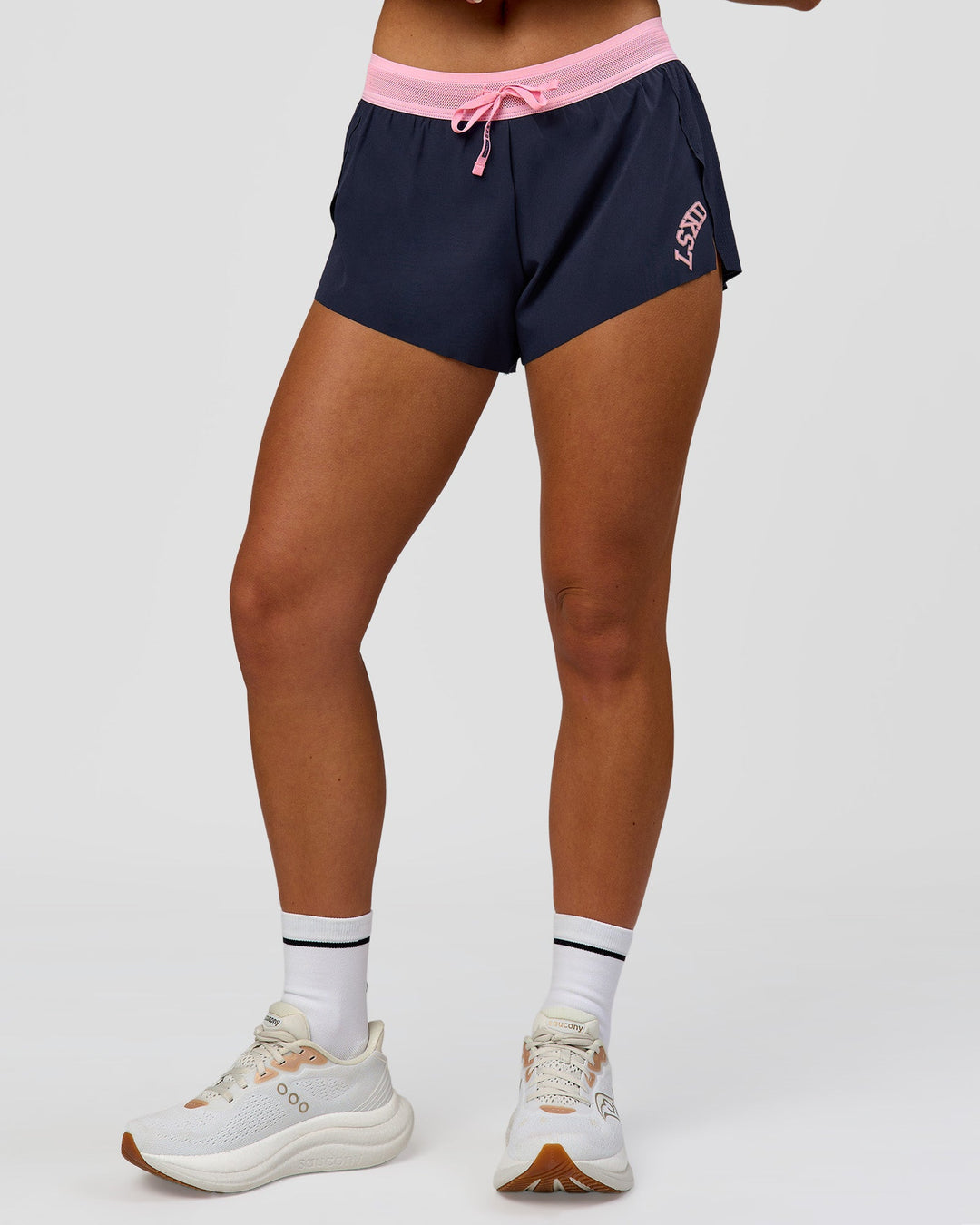 Woman wearing Accelerate 3" Mid-Rise Running Short - Future Navy-Varsity Print | Model:Issy | Size:XS - view 14