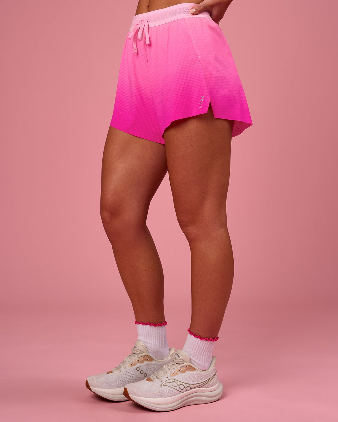 Woman wearing Accelerate Gradient 3" High-Rise Running Short - Pink Rose-Ultra Pink Gradient | Model:Issy | Size:XS - view 7