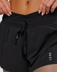 Woman wearing Accelerate Synergy 3" Running Short Short - Black-Black | Model:Issy | Size:XS | Thumbnail Index: 4