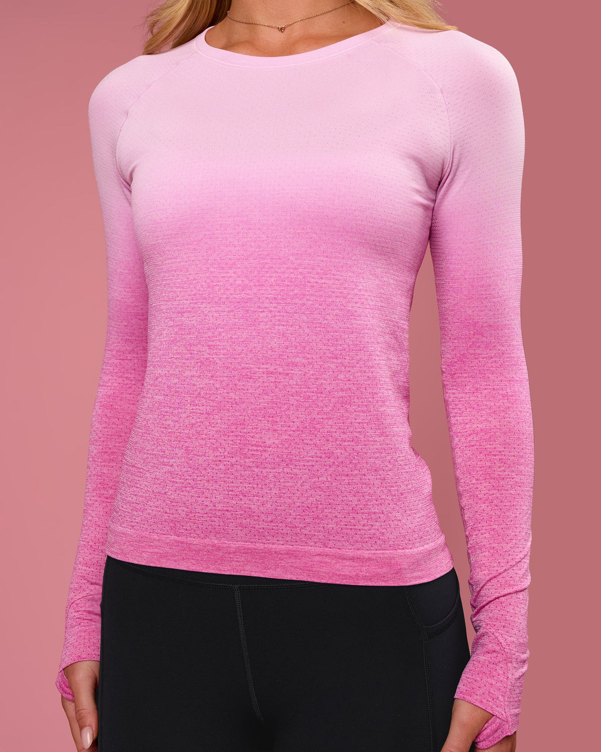 Woman wearing AeroFLX+ Seamless Long Sleeve Tee - Ultra Pink/Marshmallow Dip Dye | Model:Issy | Size:XS