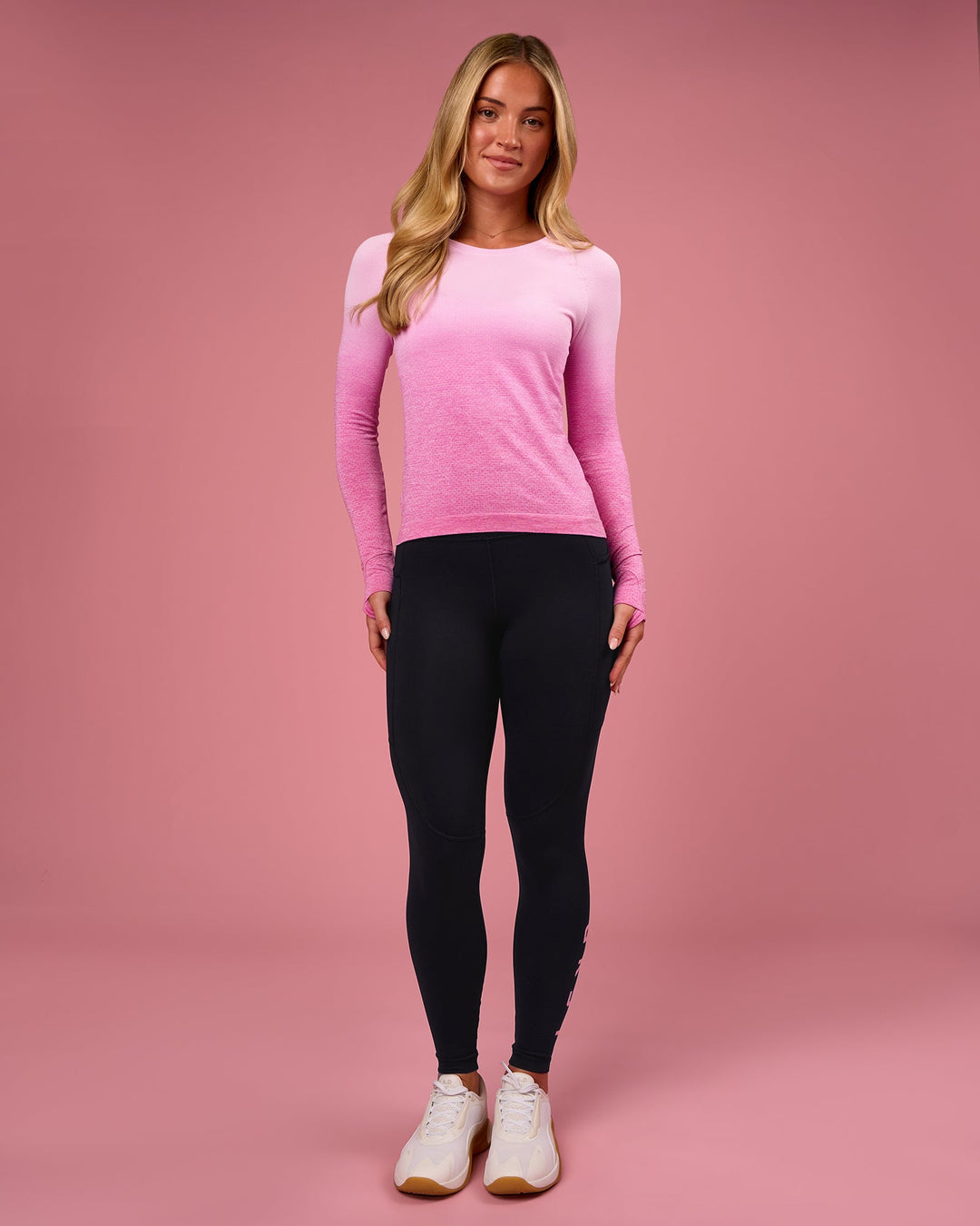 Woman wearing AeroFLX+ Seamless Long Sleeve Tee - Ultra Pink/Marshmallow Dip Dye | Model:Issy | Size:XS - view 4