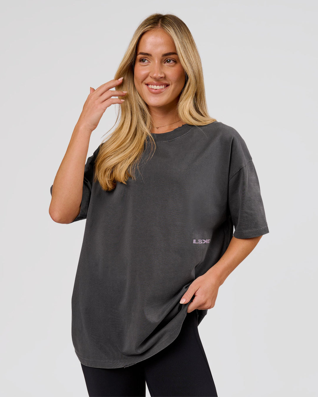Woman wearing Backline Washed Heavyweight Oversized Tee - Asphalt Washed | Model:Issy | Size:XS - view 6