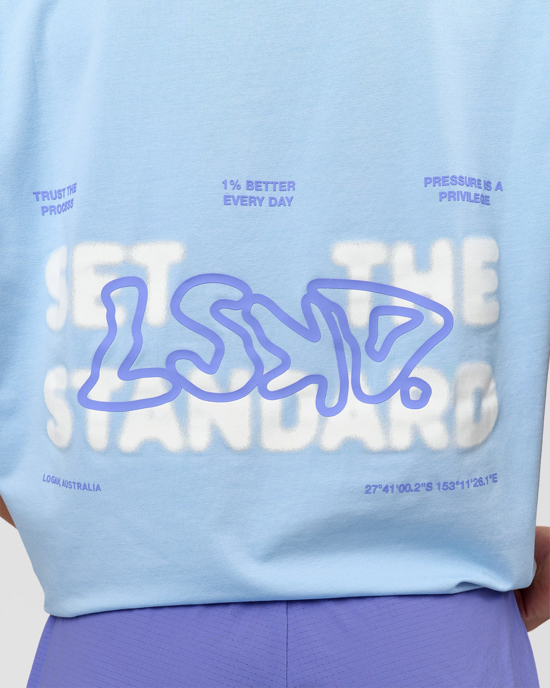 Woman wearing Benchmark FLXCotton Oversized Tee - Open Air-Blue Bell | Model:Issy | Size:XS