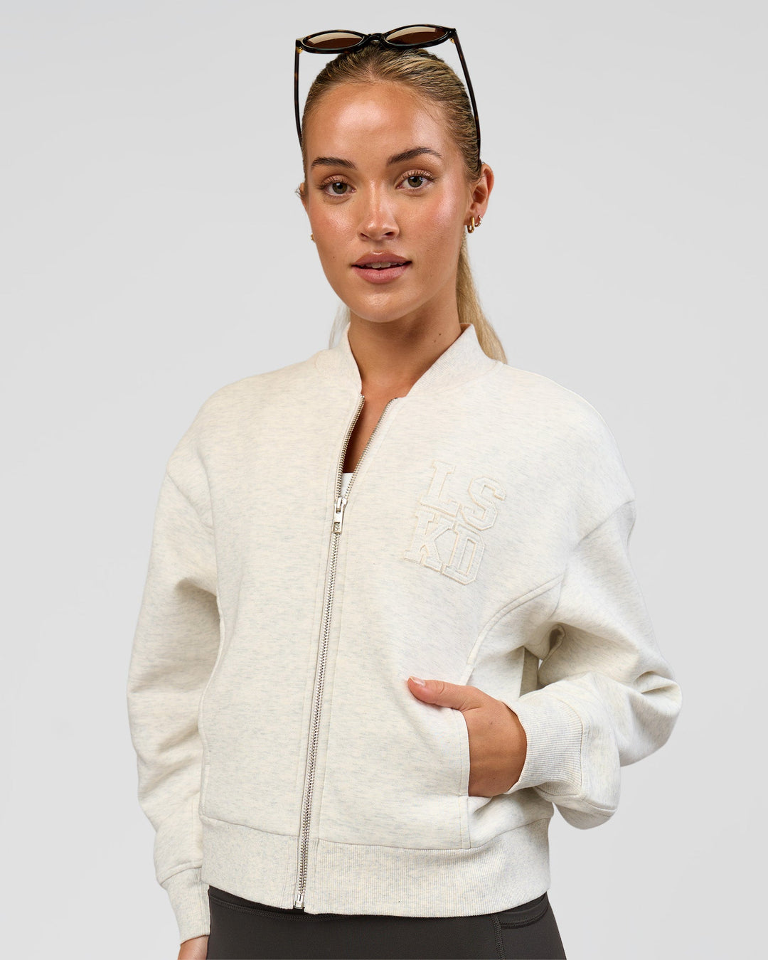 Woman wearing Bomber ZeroCrease Spacer Jacket - Silver Marl | Model:Issy | Size:XS - view 8