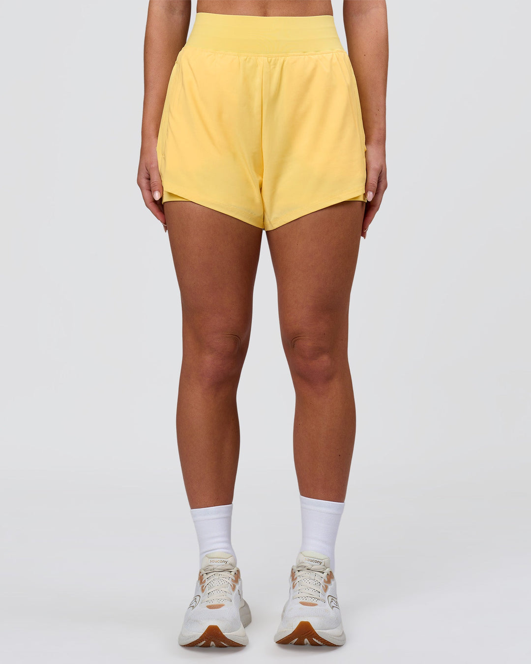 Woman wearing Challenger 3" Lined Performance Short - Lemon | Model:Issy | Size:XS - view 6