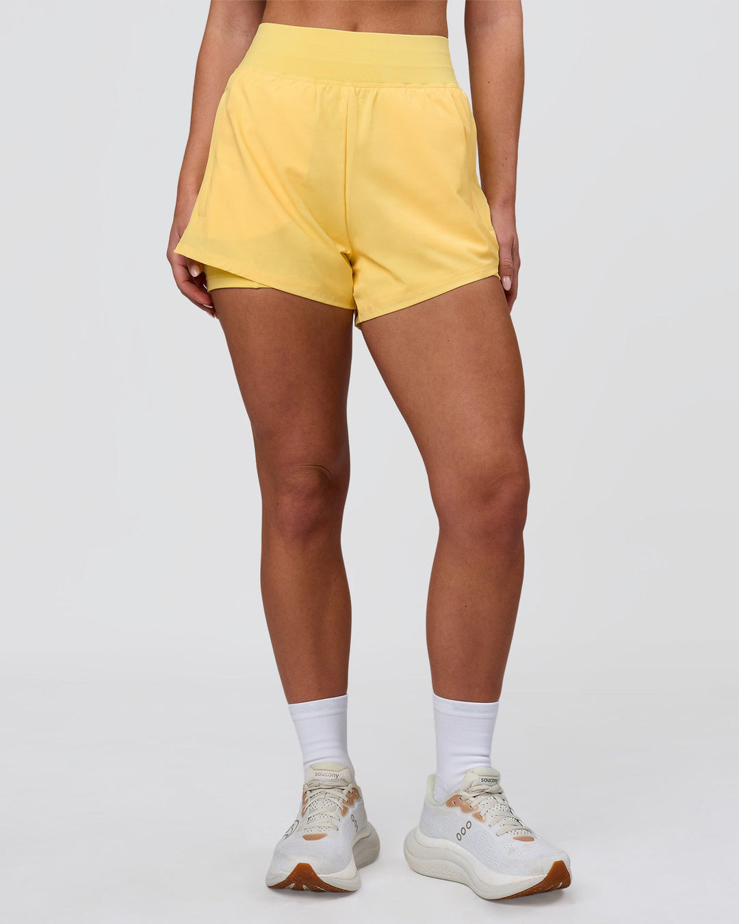 Woman wearing Challenger 3" Lined Performance Short - Lemon | Model:Issy | Size:XS - view 8