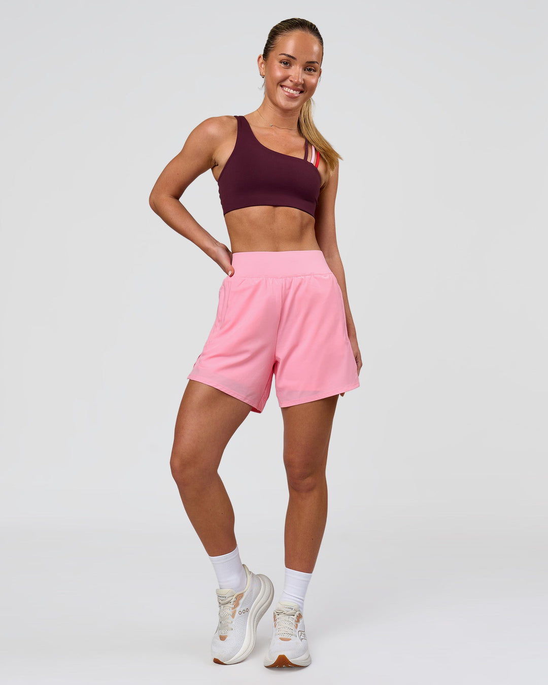 Woman wearing Challenger 5" Lined Performance Short - Pink Rose | Model:Issy | Size:XS - view 1