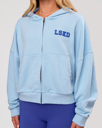 Woman wearing Distress French Terry Full Zip Hoodie - Open Air | Model:Issy | Size:XS | Thumbnail Index: 0
