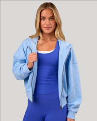 Woman wearing Distress French Terry Full Zip Hoodie - Open Air | Model: Issy | Size: XS | Thumbnail Index: 1