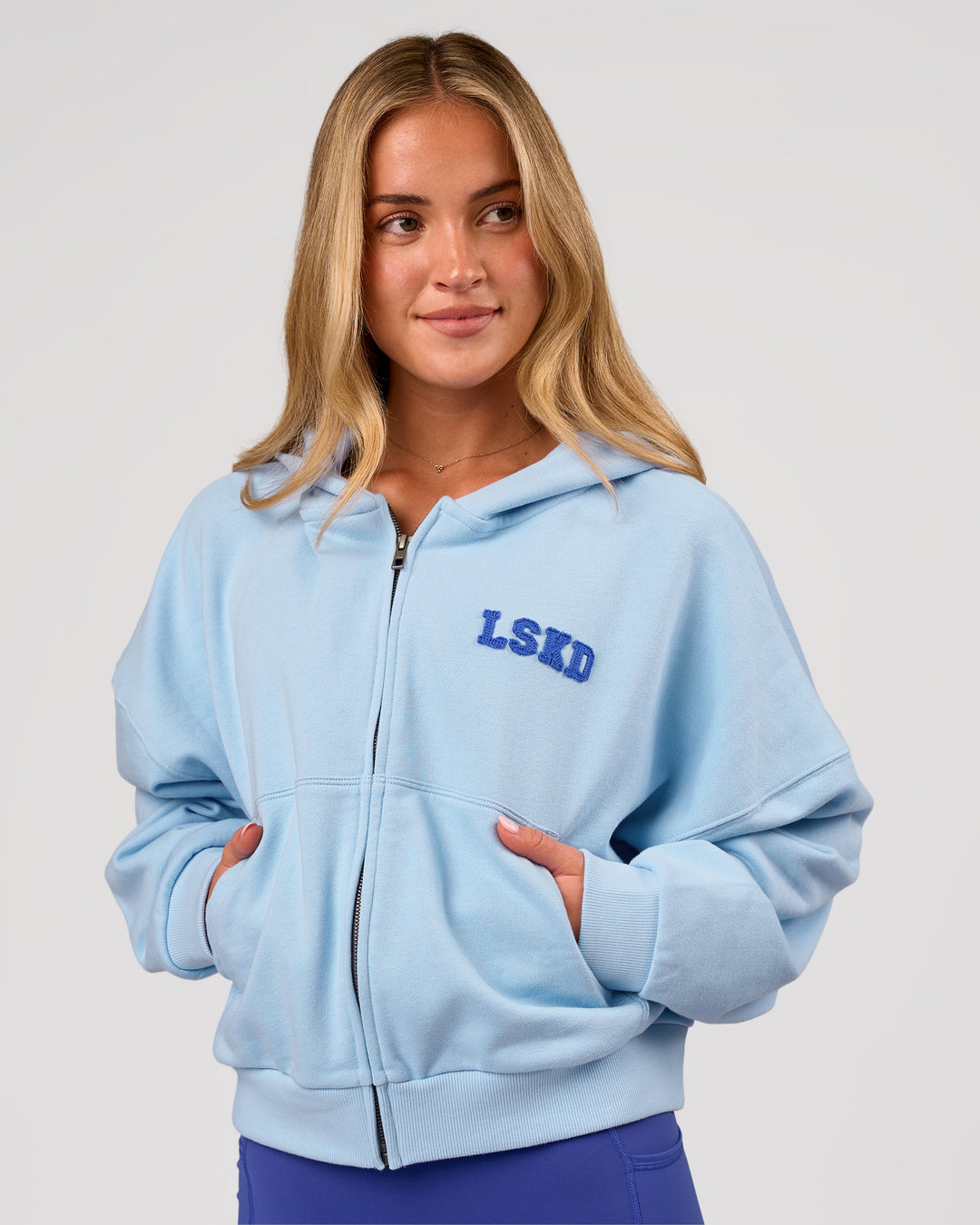 Woman wearing Distress French Terry Full Zip Hoodie - Open Air | Model:Issy | Size:XS - view 3
