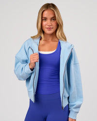 Woman wearing Distress French Terry Full Zip Hoodie - Open Air | Model:Issy | Size:XS | Thumbnail Index: 5